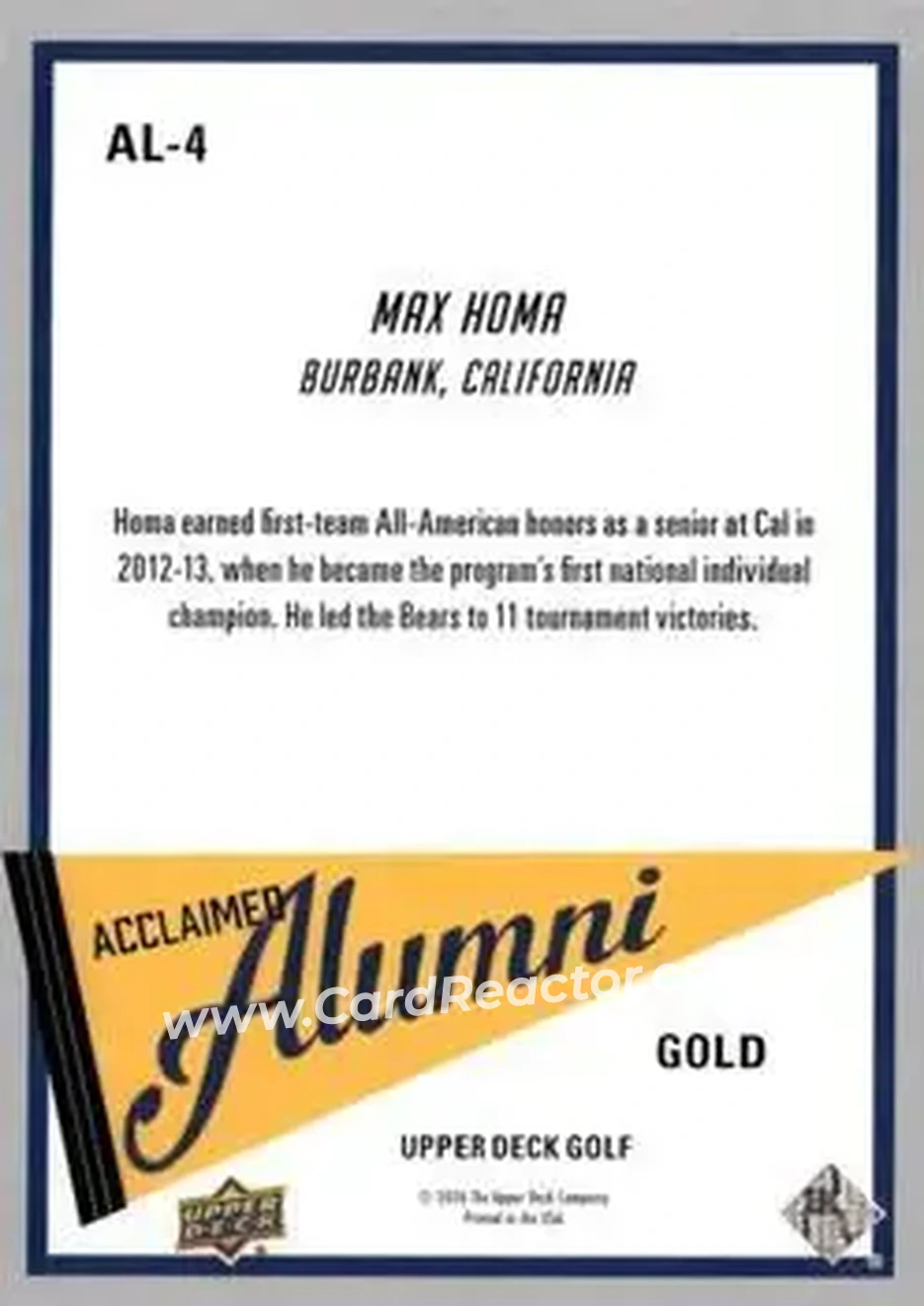 2026 Upper Deck - Acclaimed Alumni Gold #AL-4 - Max Homa - Back 2026 Upper Deck - Acclaimed Alumni Gold #AL-4 - Max Homa - Back
