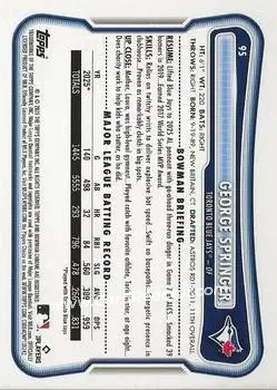 2026 Bowman - Pink #95 - George Springer - Toronto Blue Jays - Back