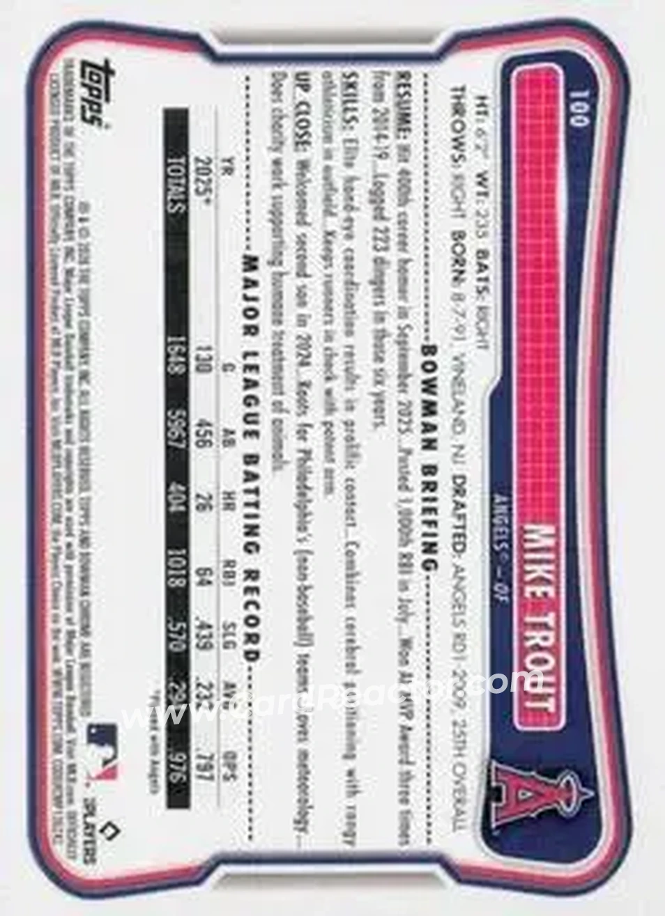 2026 Bowman - Pink #100 - Mike Trout - Los Angeles Angels - Back