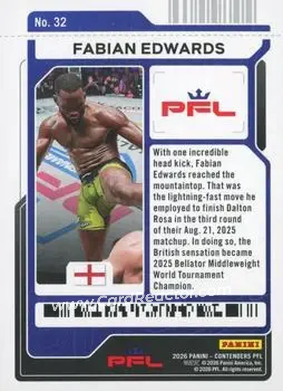 2026 Panini Contenders PFL - Playoff Ticket #32 - Fabian Edwards - Back 2026 Panini Contenders PFL - Playoff Ticket #32 - Fabian Edwards - Back