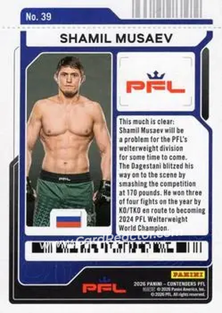 2026 Panini Contenders PFL - Playoff Ticket #39 - Shamil Musaev - Back 2026 Panini Contenders PFL - Playoff Ticket #39 - Shamil Musaev - Back