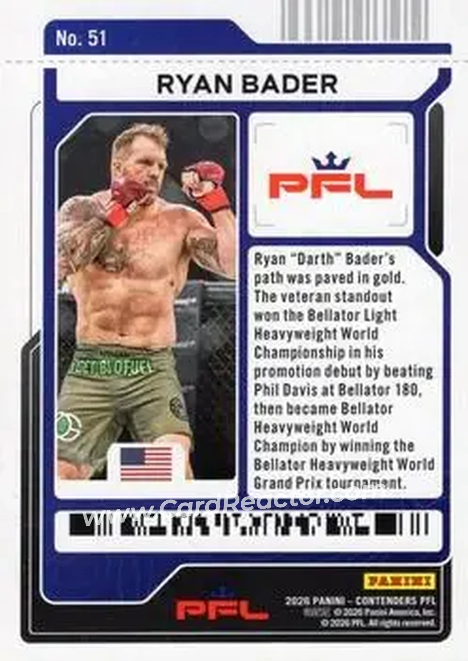 2026 Panini Contenders PFL - Playoff Ticket #51 - Ryan Bader - Back 2026 Panini Contenders PFL - Playoff Ticket #51 - Ryan Bader - Back
