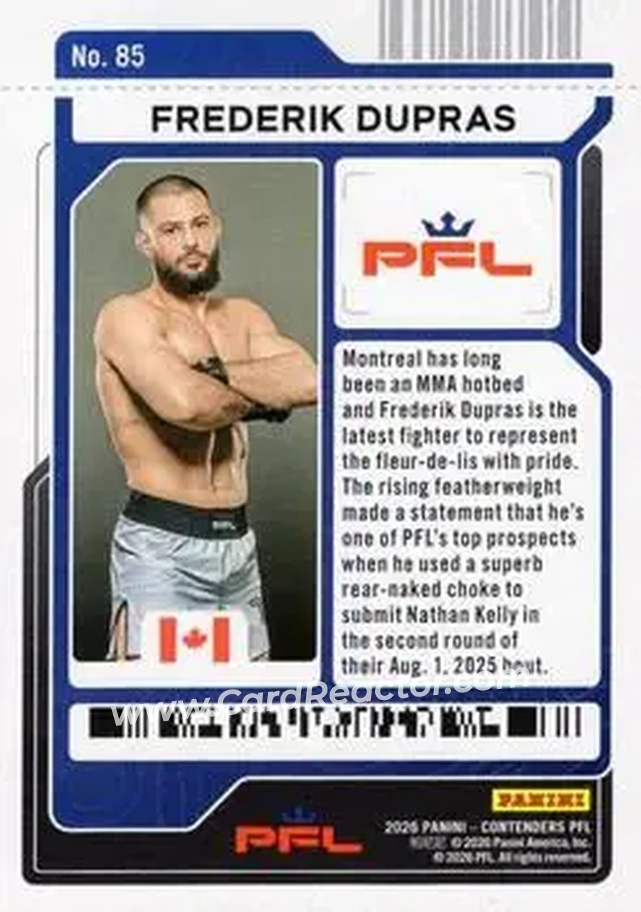 2026 Panini Contenders PFL - Playoff Ticket #85 - Frederik Dupras - Back 2026 Panini Contenders PFL - Playoff Ticket #85 - Frederik Dupras - Back