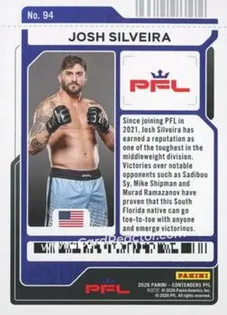 2026 Panini Contenders PFL - Playoff Ticket #94 - Josh Silveira - Back 2026 Panini Contenders PFL - Playoff Ticket #94 - Josh Silveira - Back