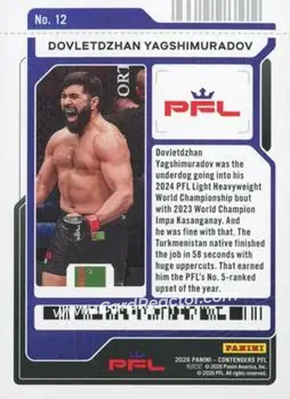 2026 Panini Contenders PFL - Main Card Ticket #12 - Dovletdzhan Yagshimuradov - Back 2026 Panini Contenders PFL - Main Card Ticket #12 - Dovletdzhan Yagshimuradov - Back