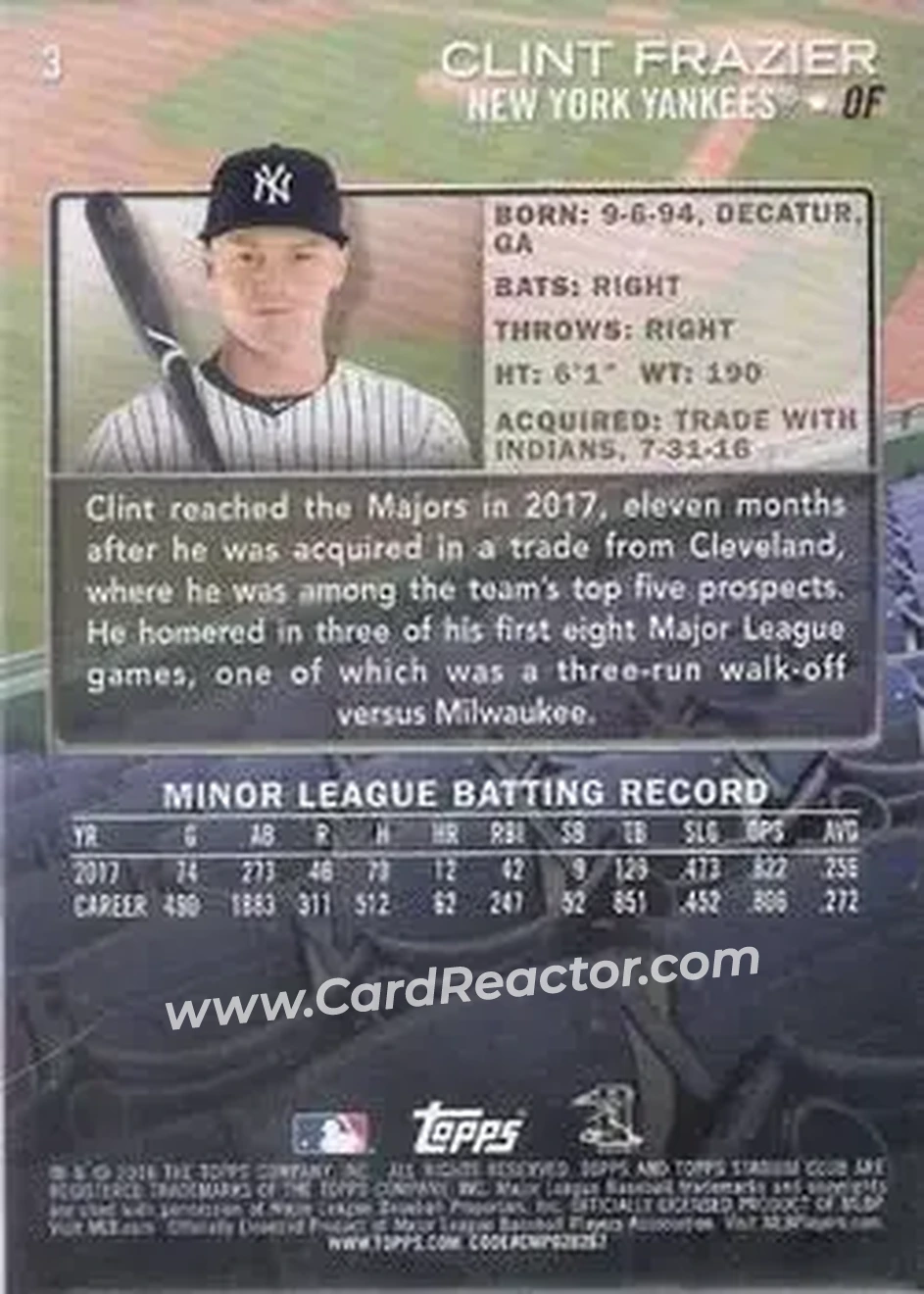 2018 Stadium Club #3b - Clint Frazier - New York Yankees - Back