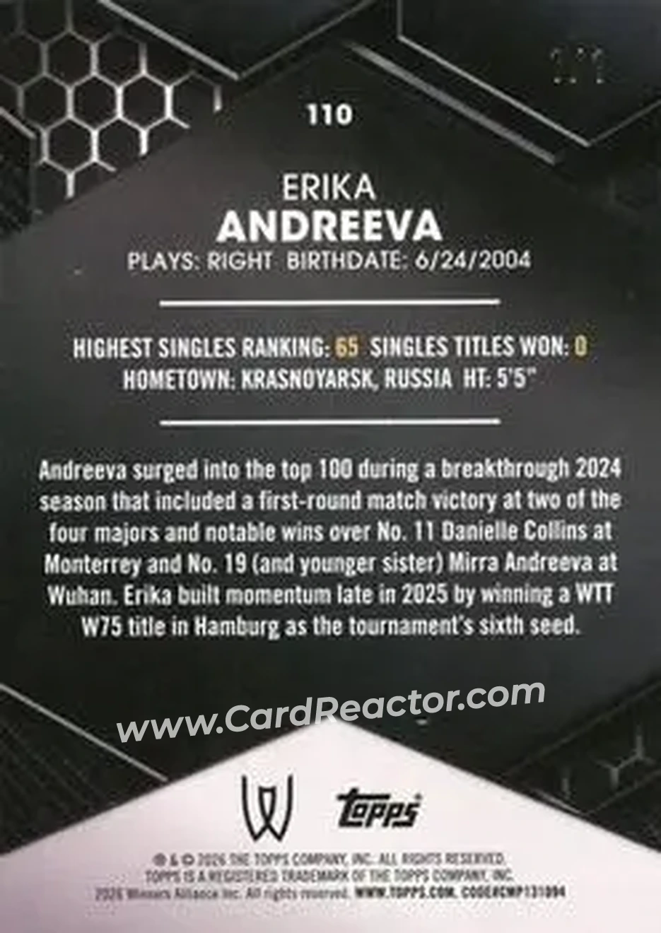 2026 Topps Graphite - Red Crystalline Refractor #110 - Erika Andreeva - Back