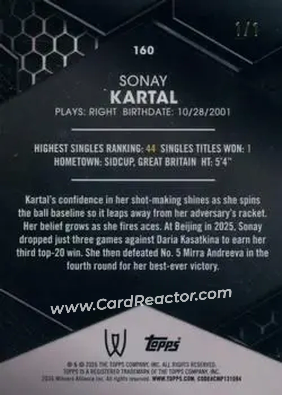 2026 Topps Graphite - Red Crystalline Refractor #160 - Sonay Kartal - Back