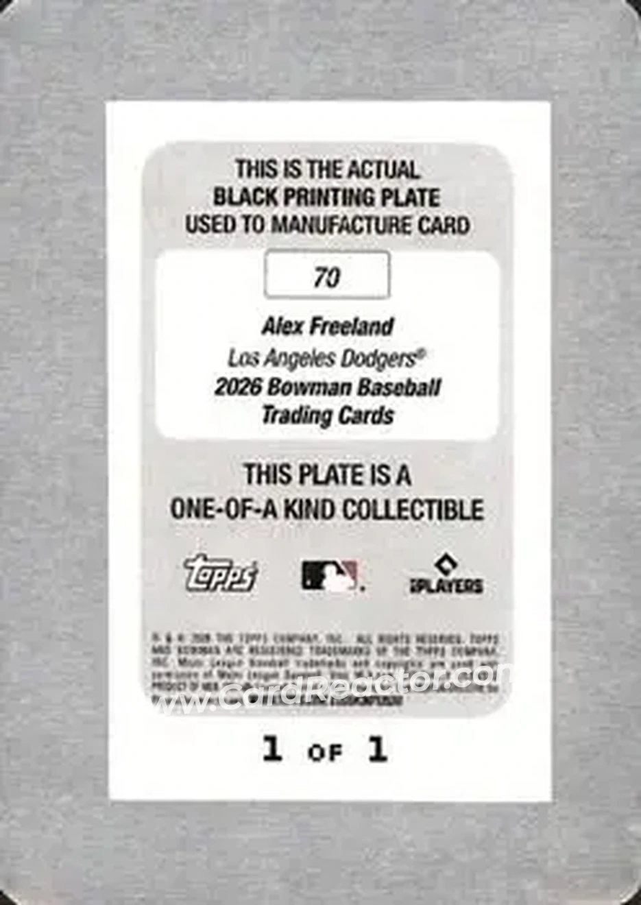 2026 Bowman - Printing Plate Black #70 - Alex Freeland - Los Angeles Dodgers - Back