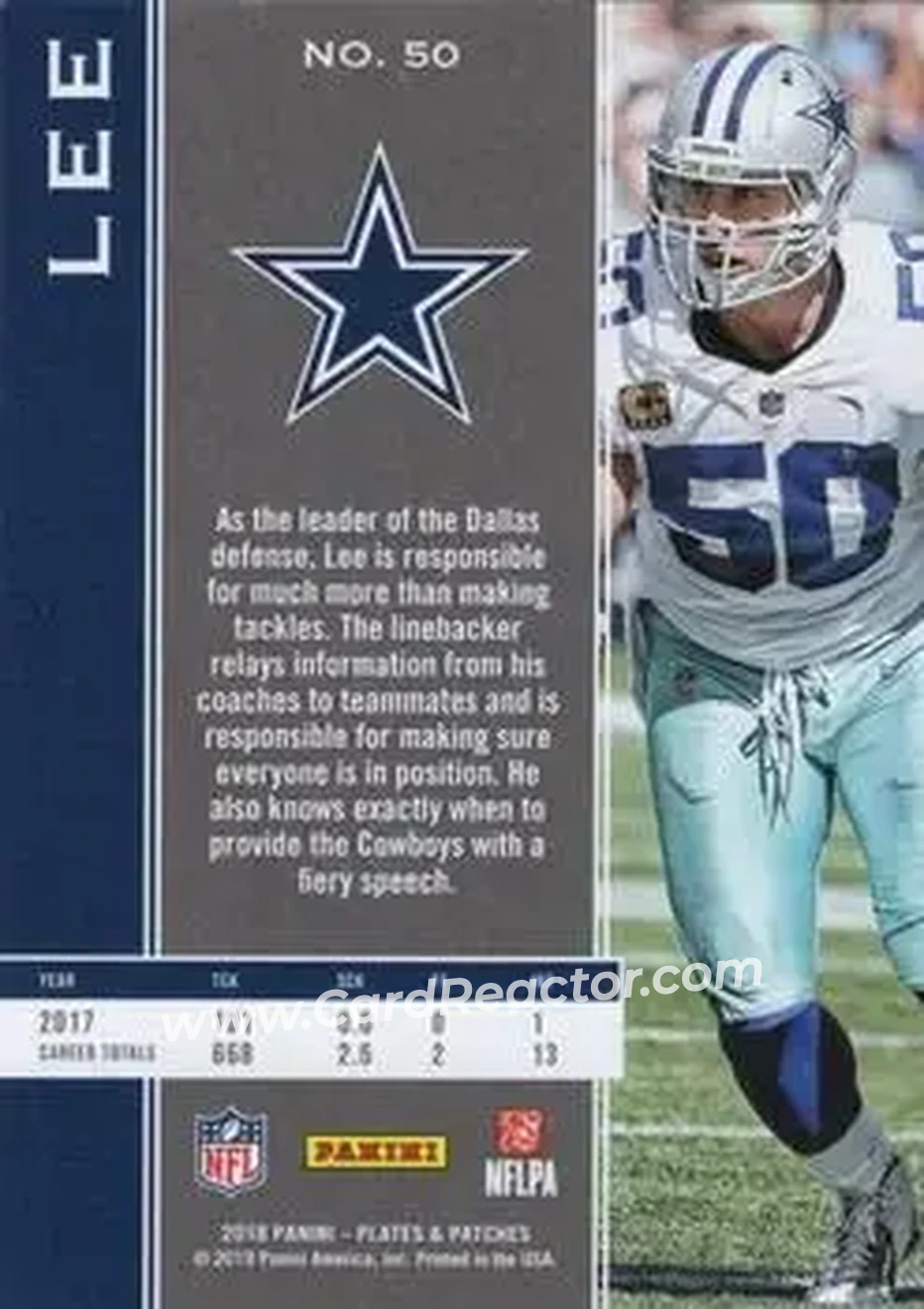 2018 Panini Plates & Patches - Blue #50 - Sean Lee - Dallas Cowboys - Back