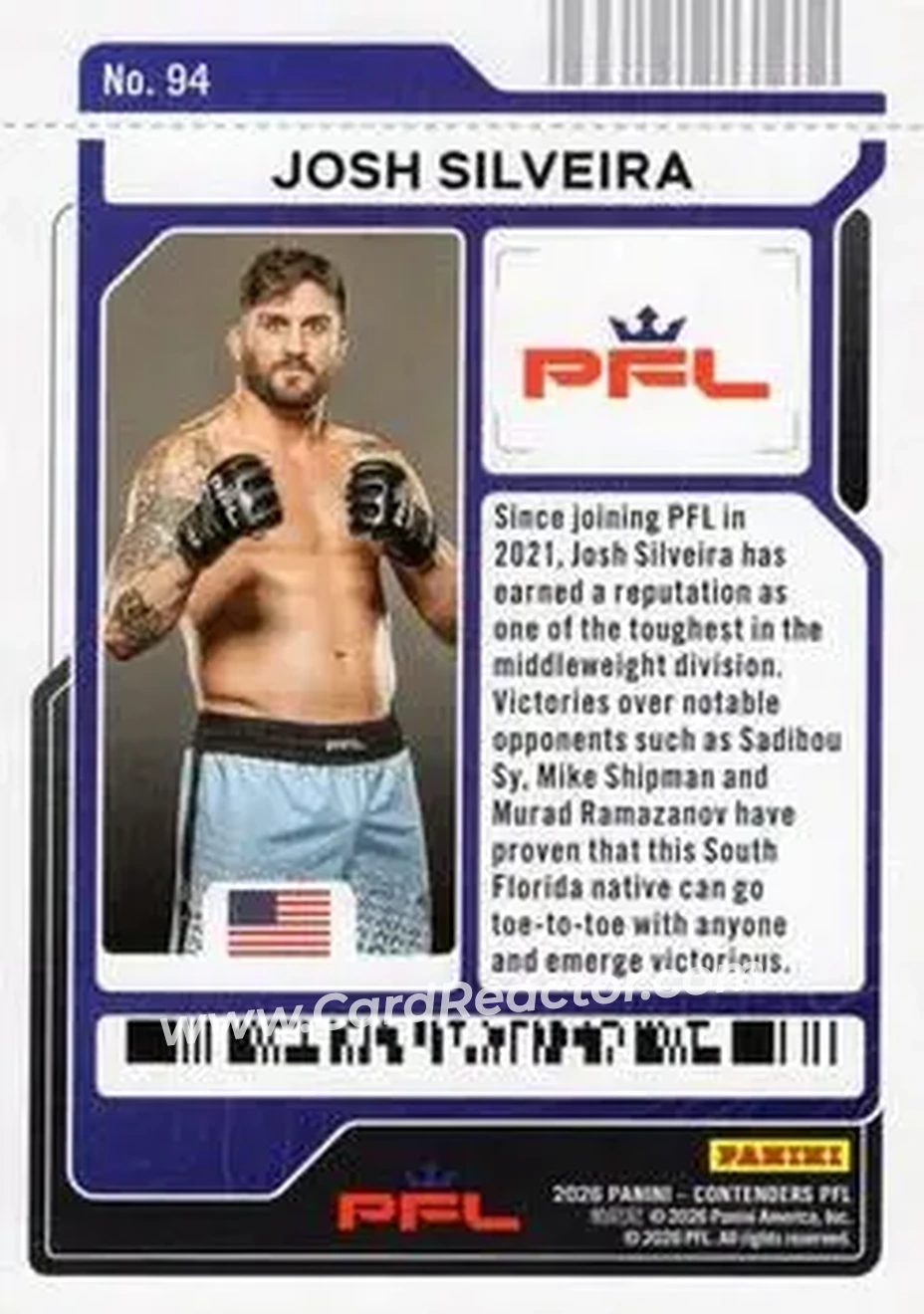 2026 Panini Contenders PFL - Main Card Ticket #94 - Josh Silveira - Back