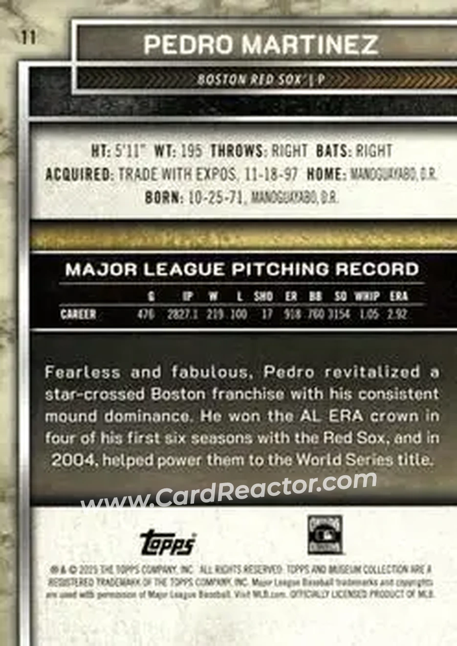 2025 Topps Museum Collection - Gold #11 - Pedro Martinez - Boston Red Sox - Back