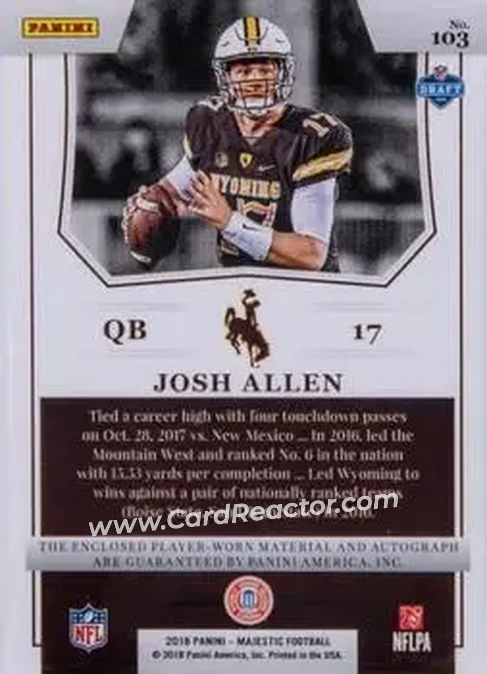 2018 Panini Majestic - Holo Gold #103 - Josh Allen - Wyoming Cowboys - Back