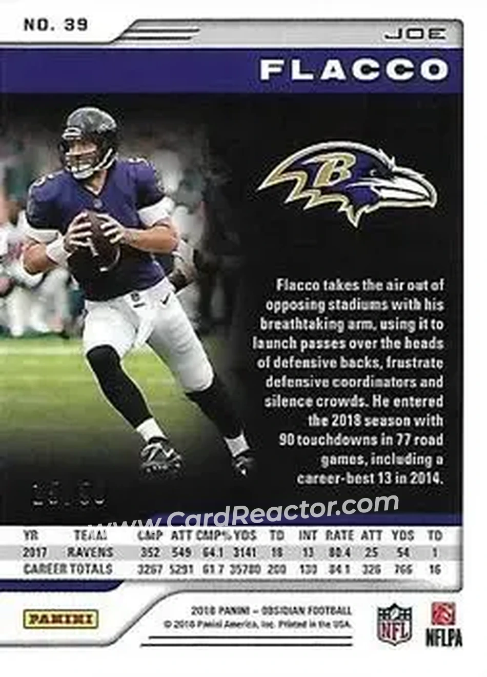 2018 Panini Obsidian - Electric Etch Orange #39 - Joe Flacco - Baltimore Ravens - Back