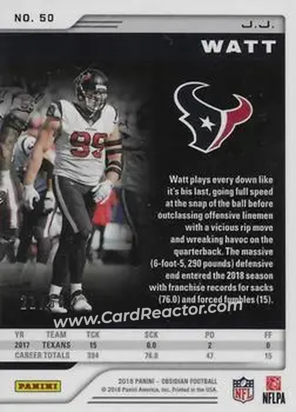 2018 Panini Obsidian - Electric Etch Orange #50 - J.J. Watt - Houston Texans - Back
