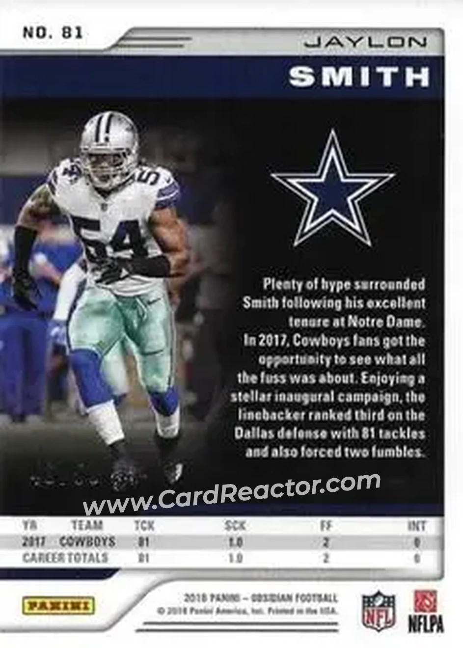 2018 Panini Obsidian - Electric Etch Orange #81 - Jaylon Smith - Dallas Cowboys - Back