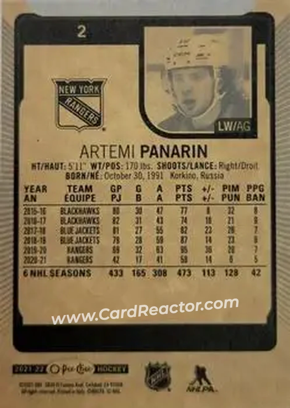 2021-22 O-Pee-Chee #2c - Artemi Panarin - New York Rangers - Back 2021-22 O-Pee-Chee #2c - Artemi Panarin - New York Rangers - Back
