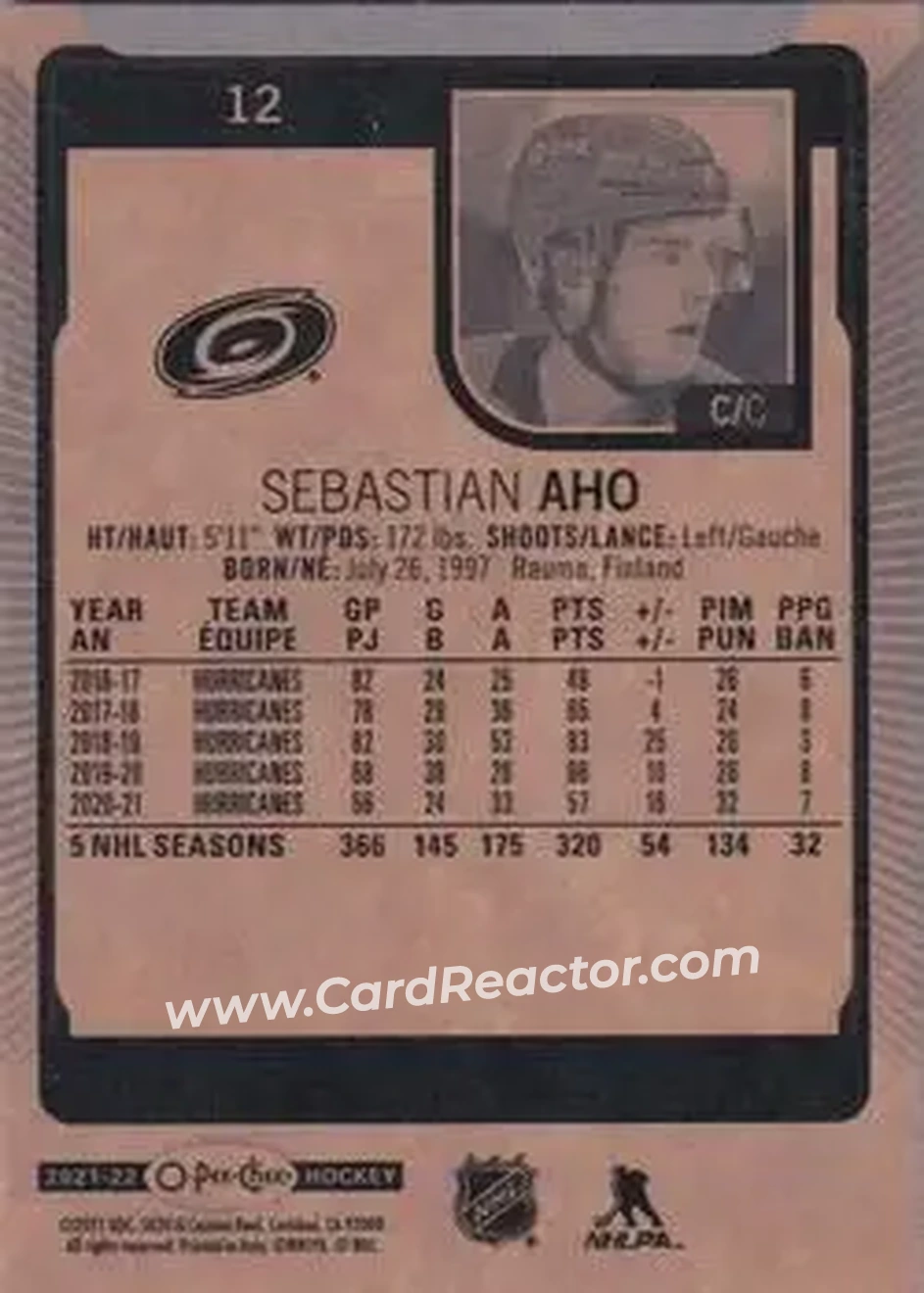 2021-22 O-Pee-Chee #12c - Sebastian Aho - Carolina Hurricanes - Back 2021-22 O-Pee-Chee #12c - Sebastian Aho - Carolina Hurricanes - Back