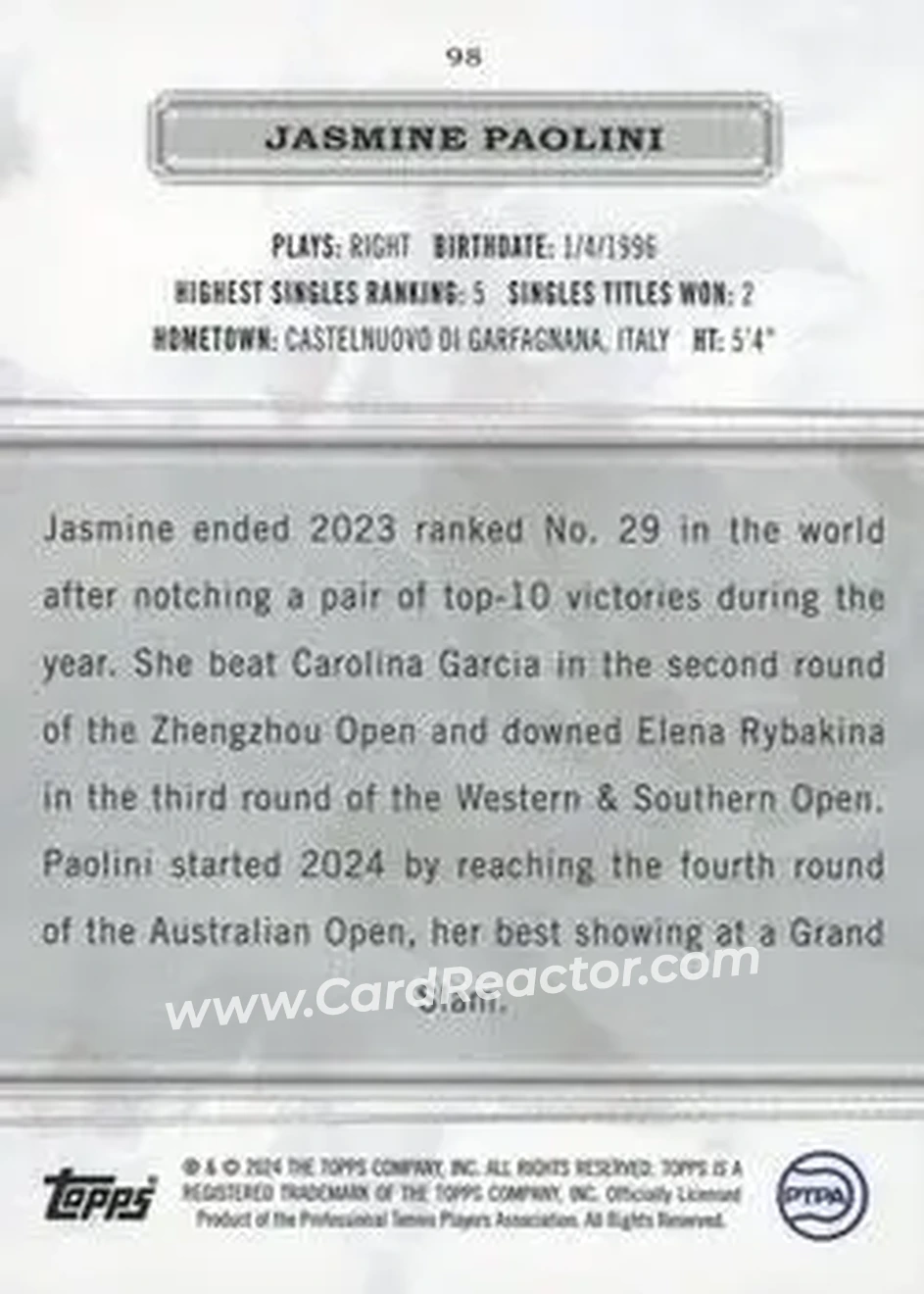 2024 Topps Royalty Collection #98 - Jasmine Paolini - Back