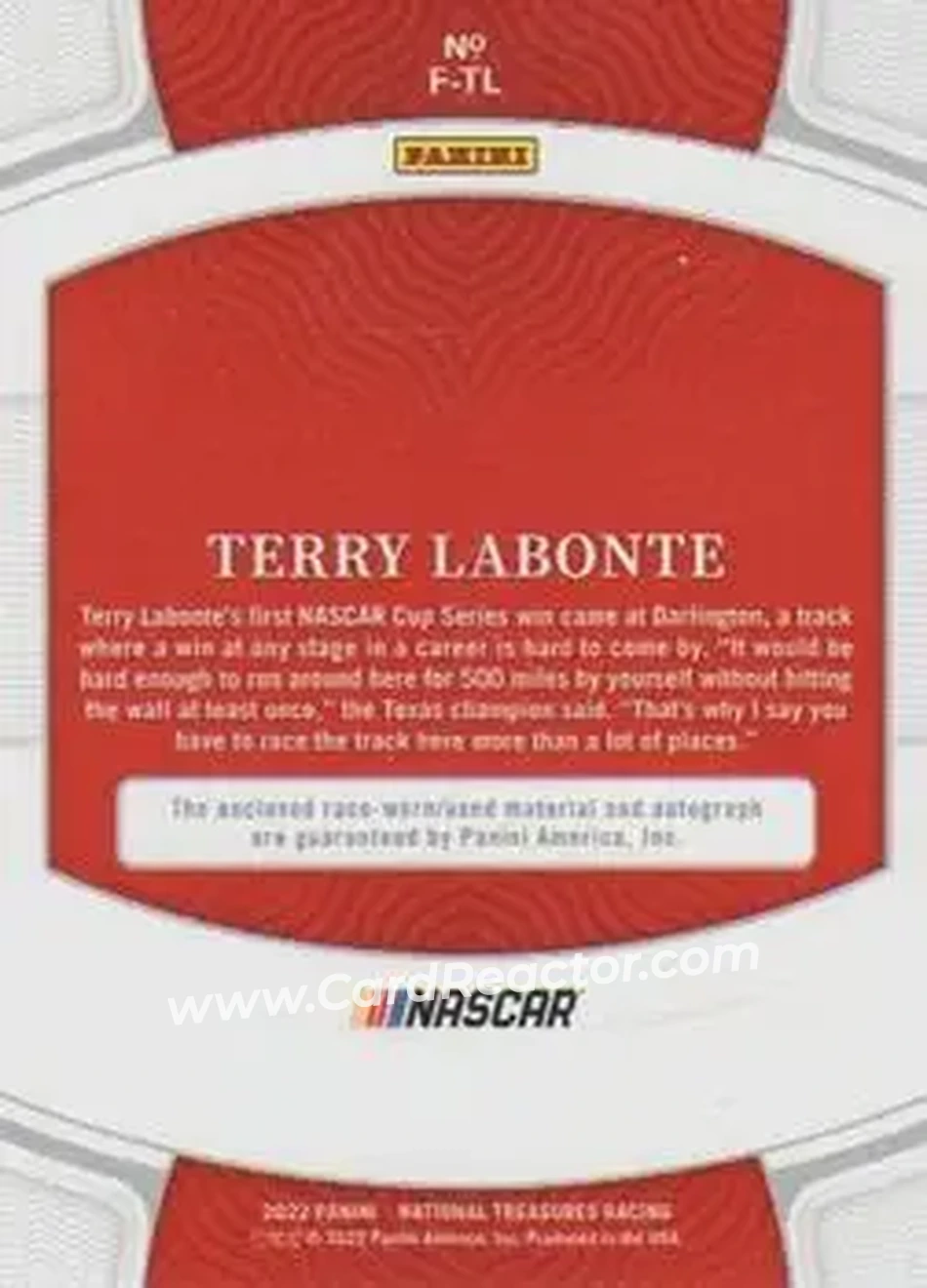 2022 Panini National Treasures - Firesuit Signatures Holo Gold #F-TL - Terry Labonte - Hendrick Motorsports - Back