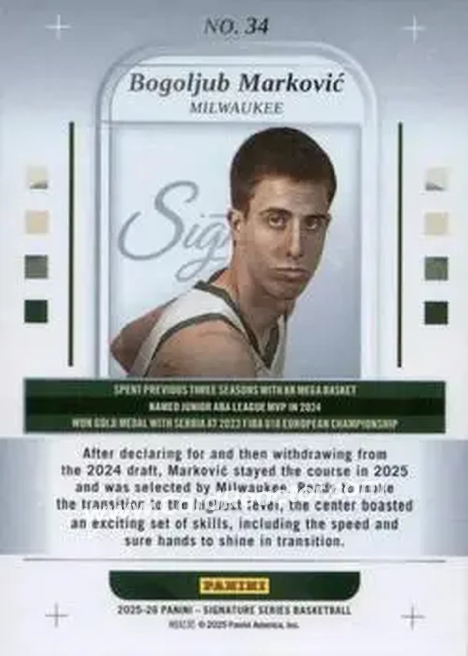 2025-26 Panini Signature Series - Plaid #34 - Bogoljub Markovic - Milwaukee Bucks - Back