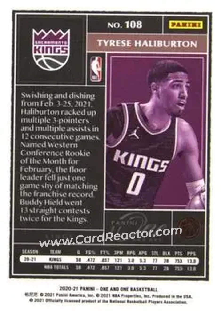 2020-21 Panini One and One - Gold #108 - Tyrese Haliburton - Sacramento Kings - Back