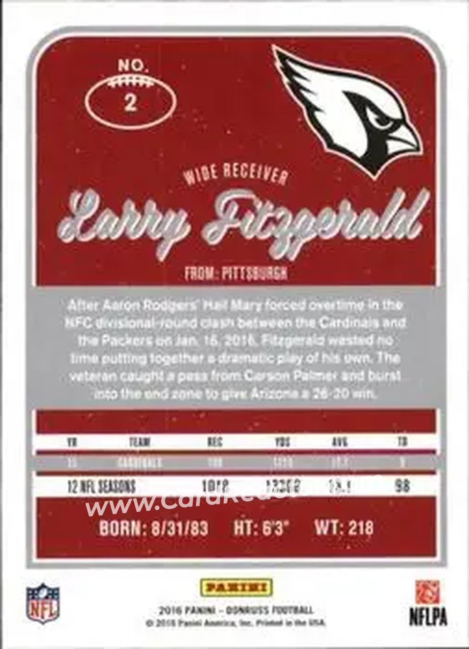 2016 Donruss #2 - Larry Fitzgerald - Arizona Cardinals - Back
