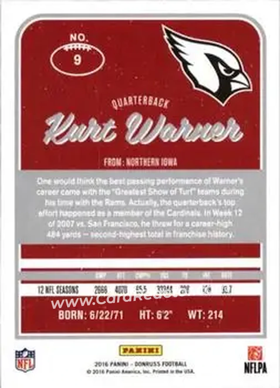 2016 Donruss #9 - Kurt Warner - Arizona Cardinals - Back