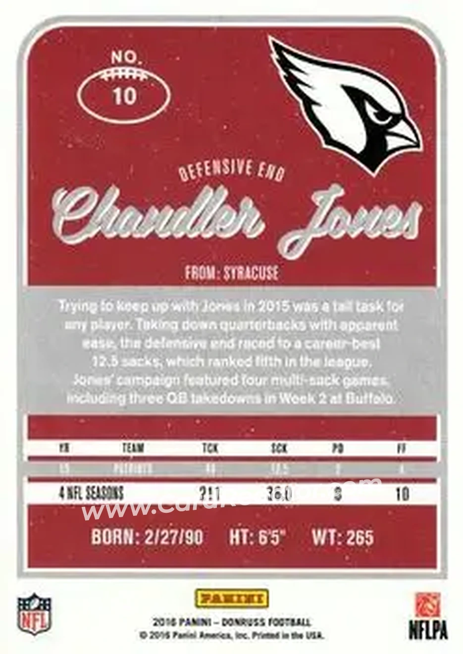 2016 Donruss #10 - Chandler Jones - Arizona Cardinals - Back
