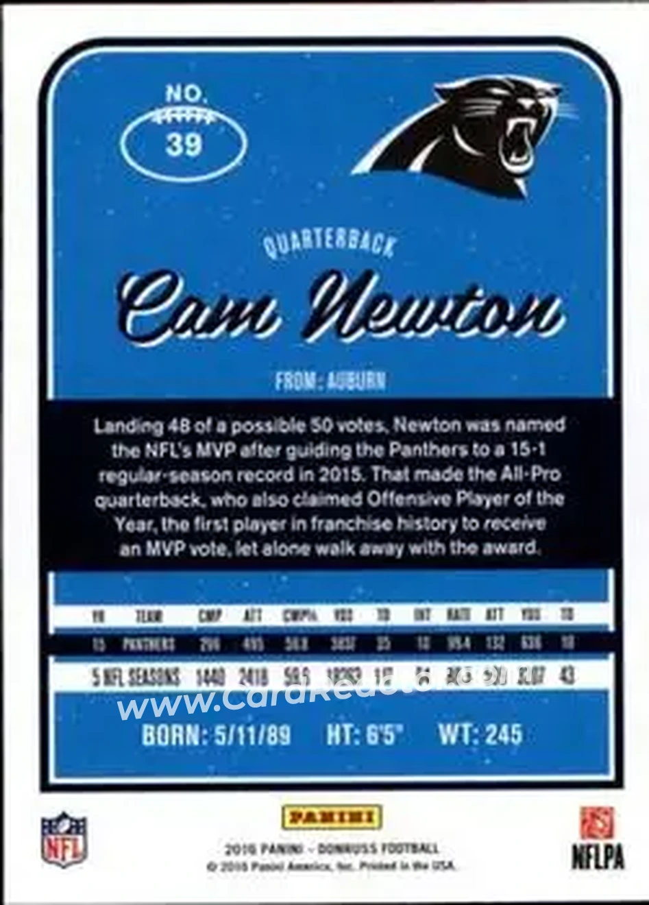 2016 Donruss #39 - Cam Newton - Carolina Panthers - Back