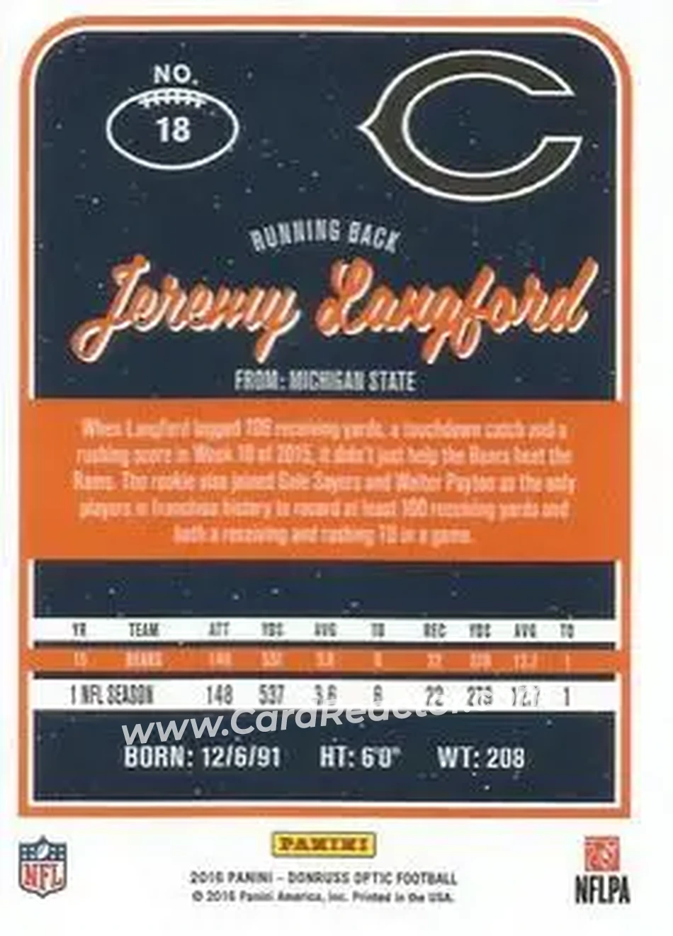 2016 Donruss Optic #18 - Jeremy Langford - Chicago Bears - Back