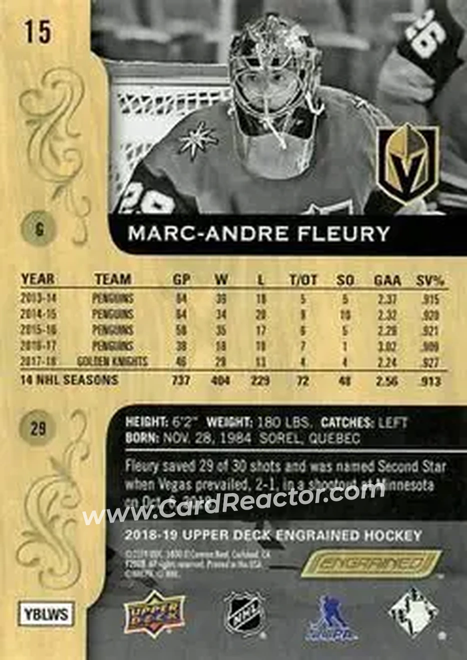 2018-19 Upper Deck Engrained #15 - Marc-Andre Fleury - Vegas Golden Knights - Back