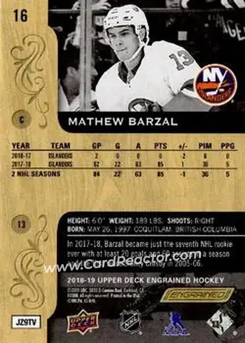 2018-19 Upper Deck Engrained #16 - Mathew Barzal - New York Islanders - Back