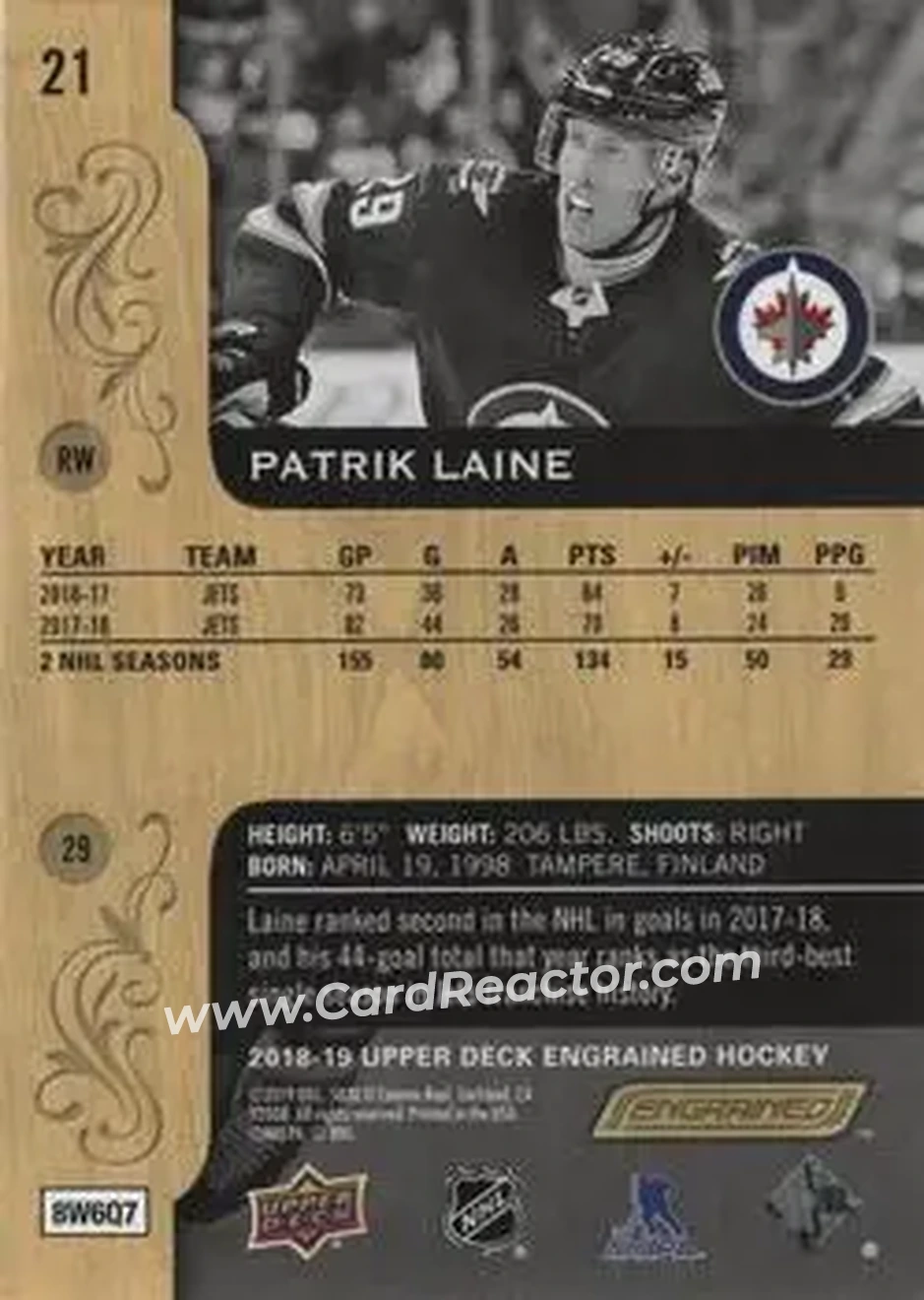 2018-19 Upper Deck Engrained #21 - Patrik Laine - Winnipeg Jets - Back
