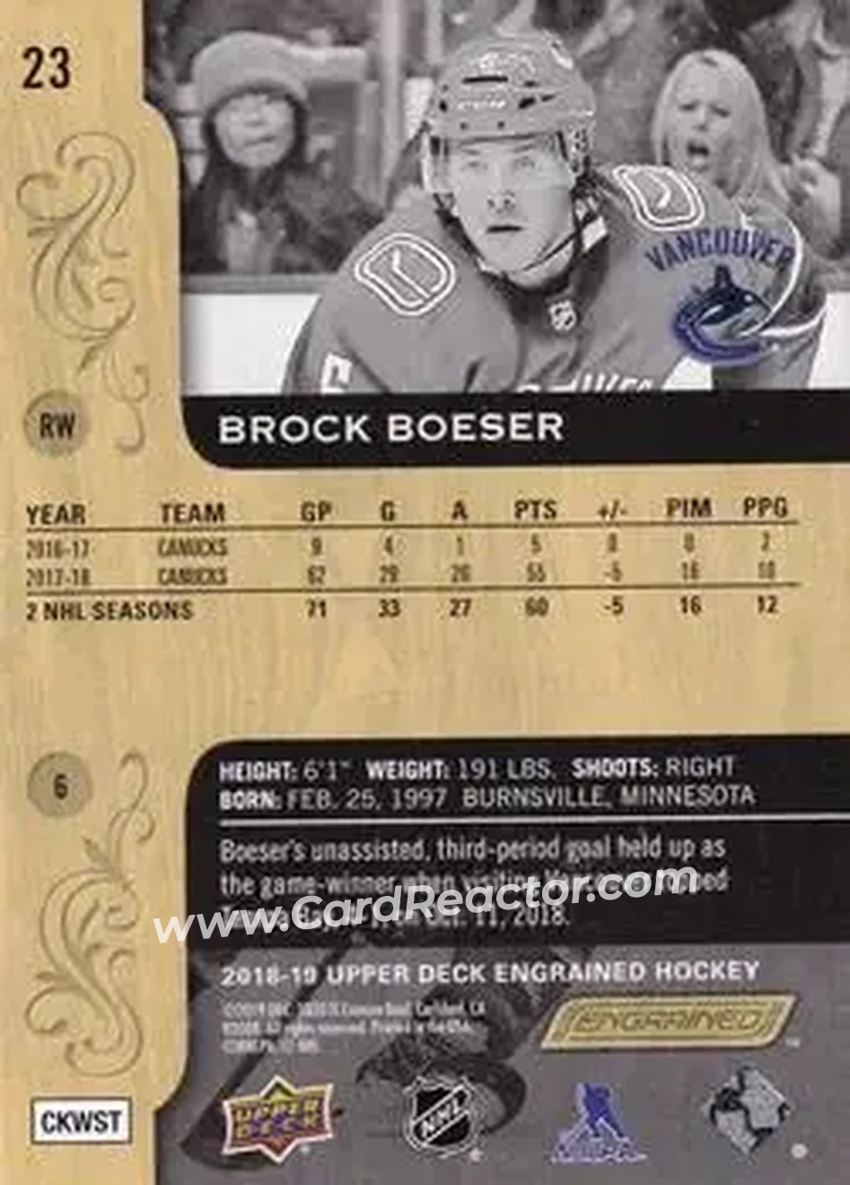 2018-19 Upper Deck Engrained #23 - Brock Boeser - Vancouver Canucks - Back