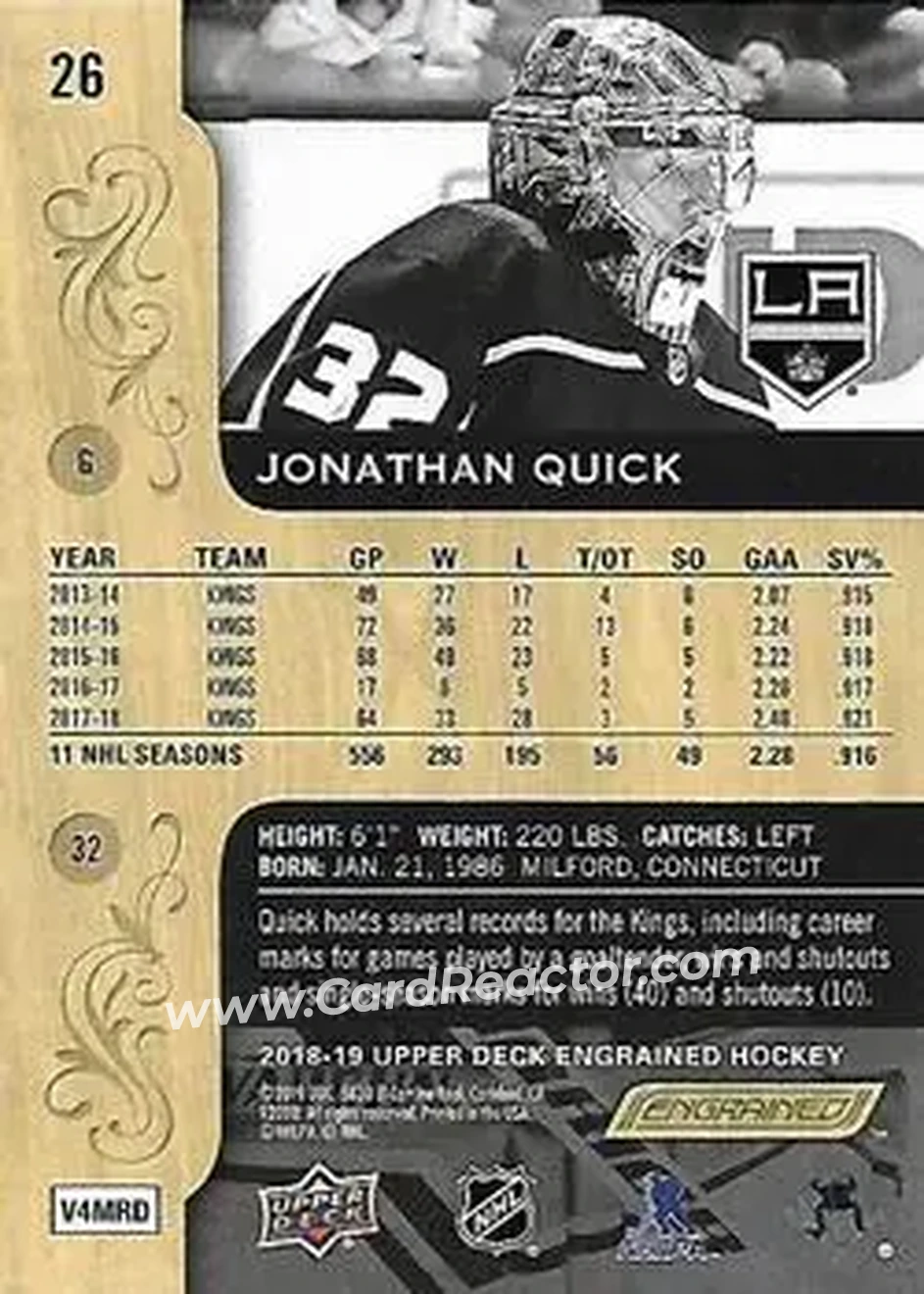 2018-19 Upper Deck Engrained #26 - Jonathan Quick - Los Angeles Kings - Back