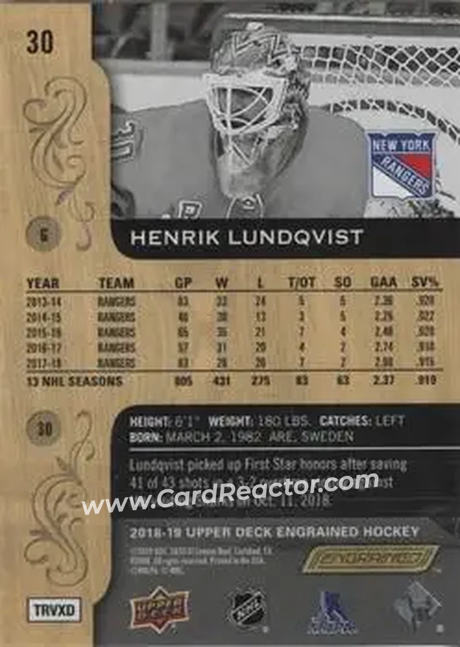 2018-19 Upper Deck Engrained #30 - Henrik Lundqvist - New York Rangers - Back
