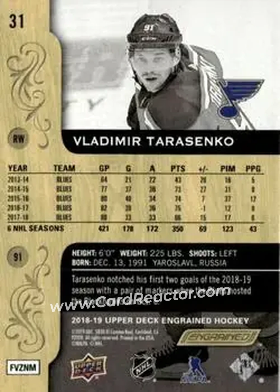 2018-19 Upper Deck Engrained #31 - Vladimir Tarasenko - St. Louis Blues - Back