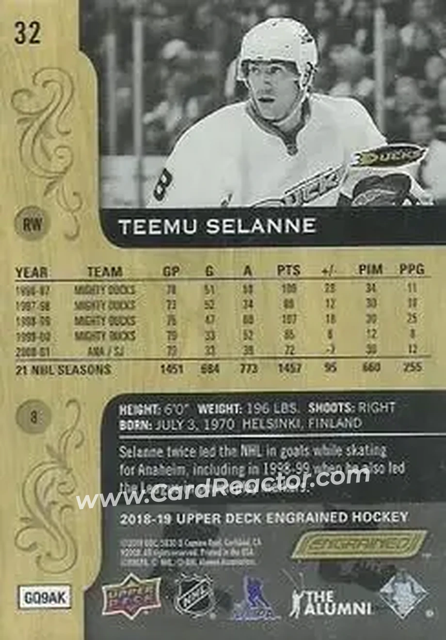2018-19 Upper Deck Engrained #32 - Teemu Selanne - Anaheim Ducks - Back 2018-19 Upper Deck Engrained #32 - Teemu Selanne - Anaheim Ducks - Back