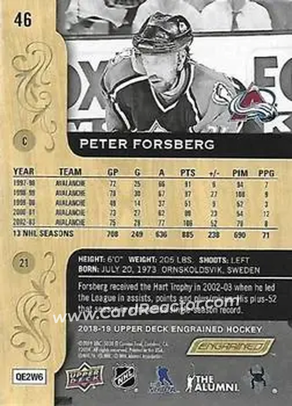 2018-19 Upper Deck Engrained #46 - Peter Forsberg - Colorado Avalanche - Back 2018-19 Upper Deck Engrained #46 - Peter Forsberg - Colorado Avalanche - Back
