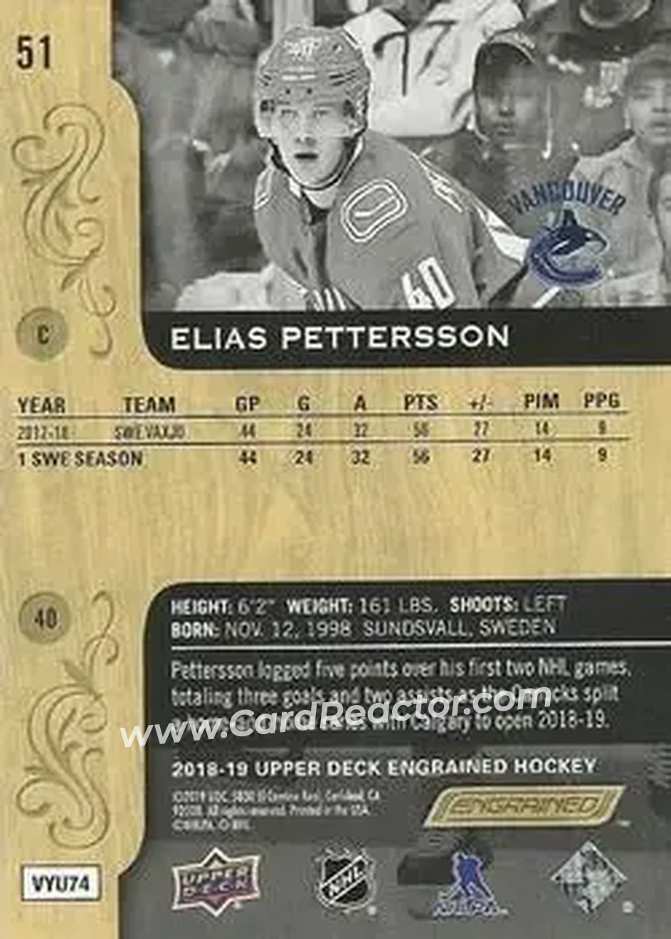 2018-19 Upper Deck Engrained #51 - Elias Pettersson - Vancouver Canucks - Back