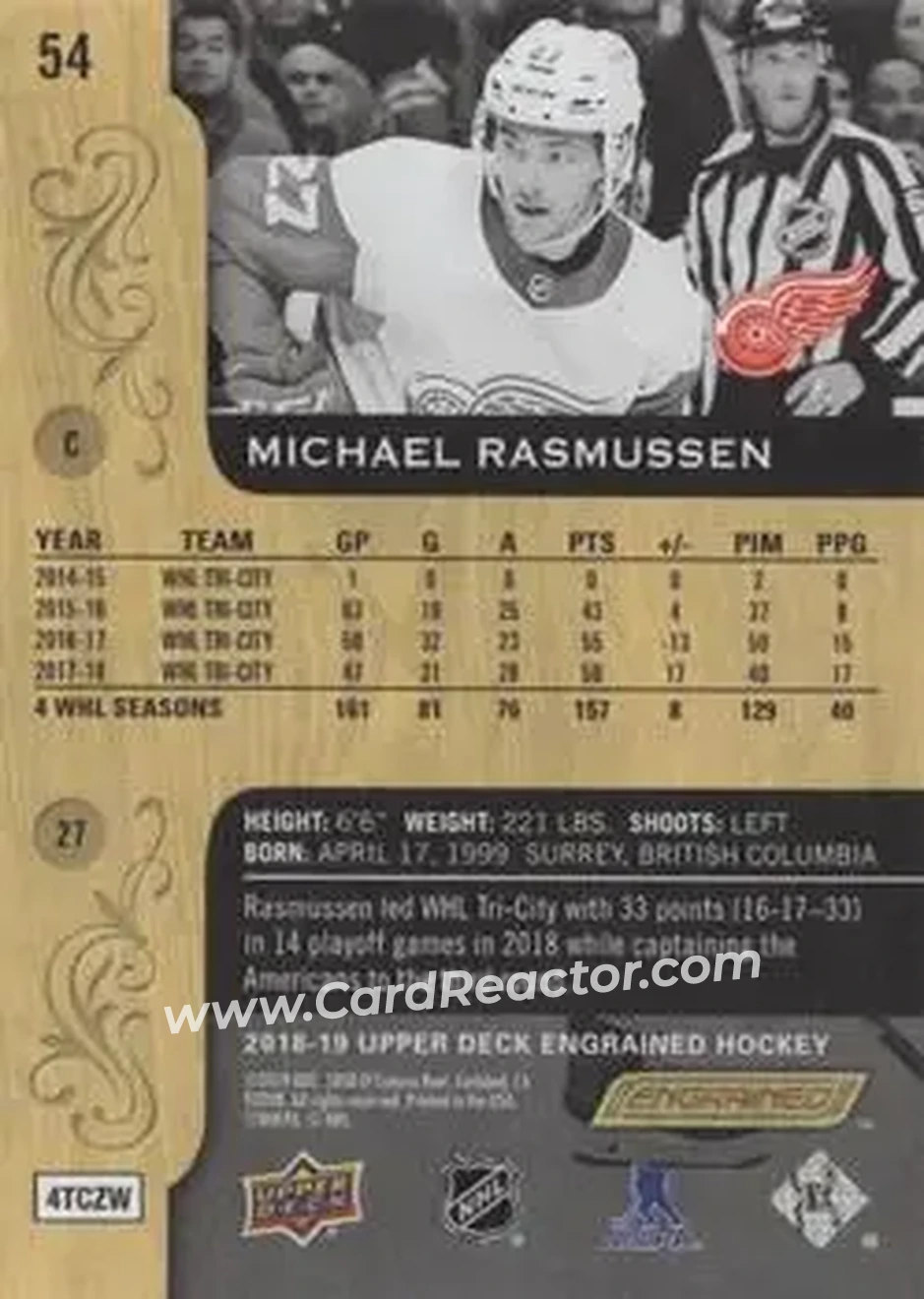 2018-19 Upper Deck Engrained #54 - Michael Rasmussen - Detroit Red Wings - Back