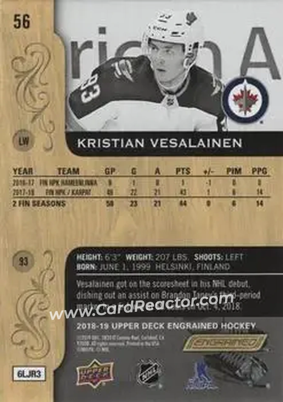 2018-19 Upper Deck Engrained #56 - Kristian Vesalainen - Winnipeg Jets - Back