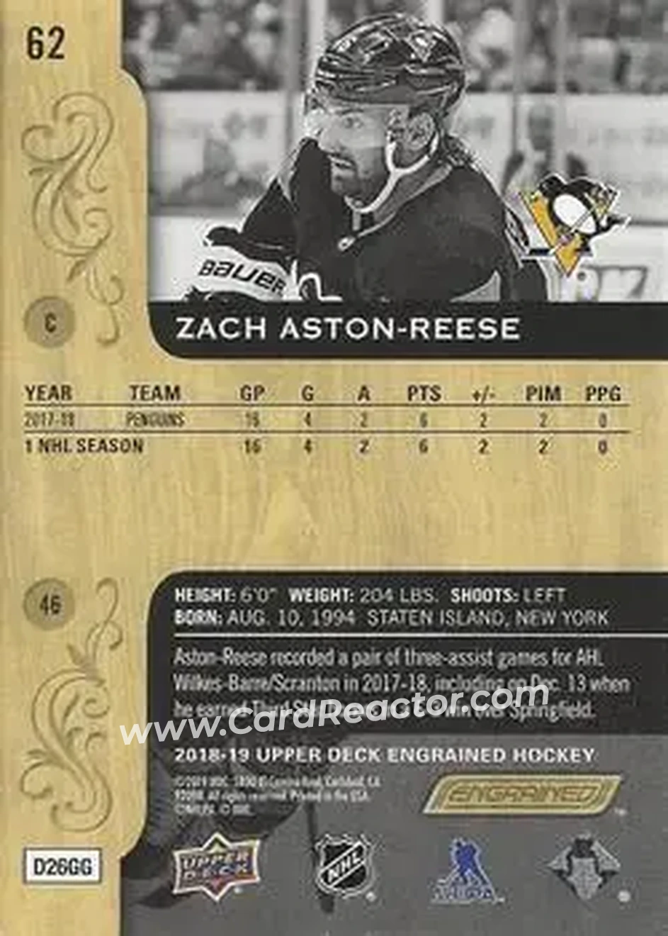 2018-19 Upper Deck Engrained #62 - Zach Aston-Reese - Pittsburgh Penguins - Back