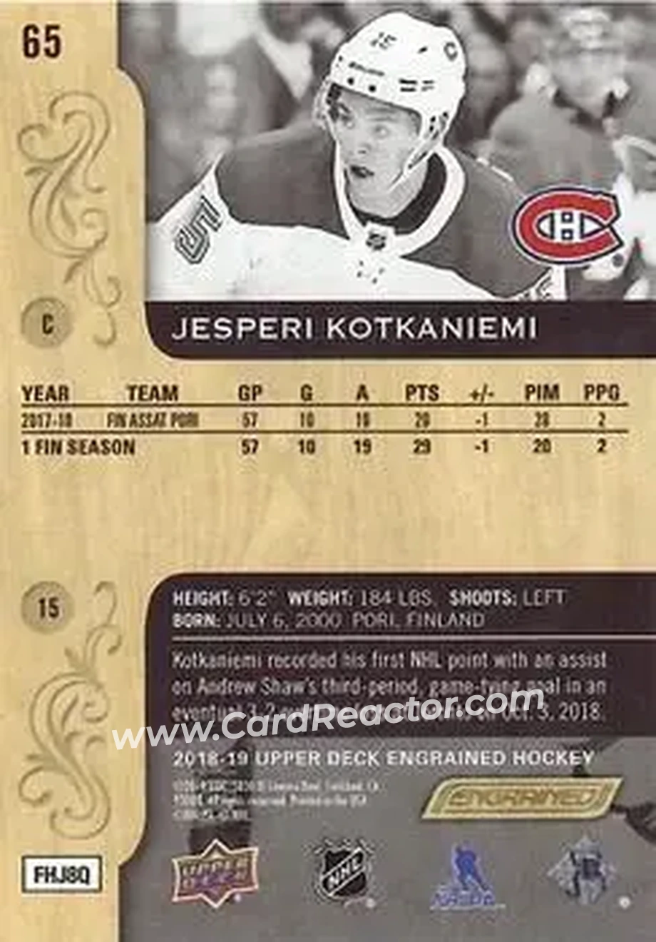 2018-19 Upper Deck Engrained #65 - Jesperi Kotkaniemi - Montreal Canadiens - Back