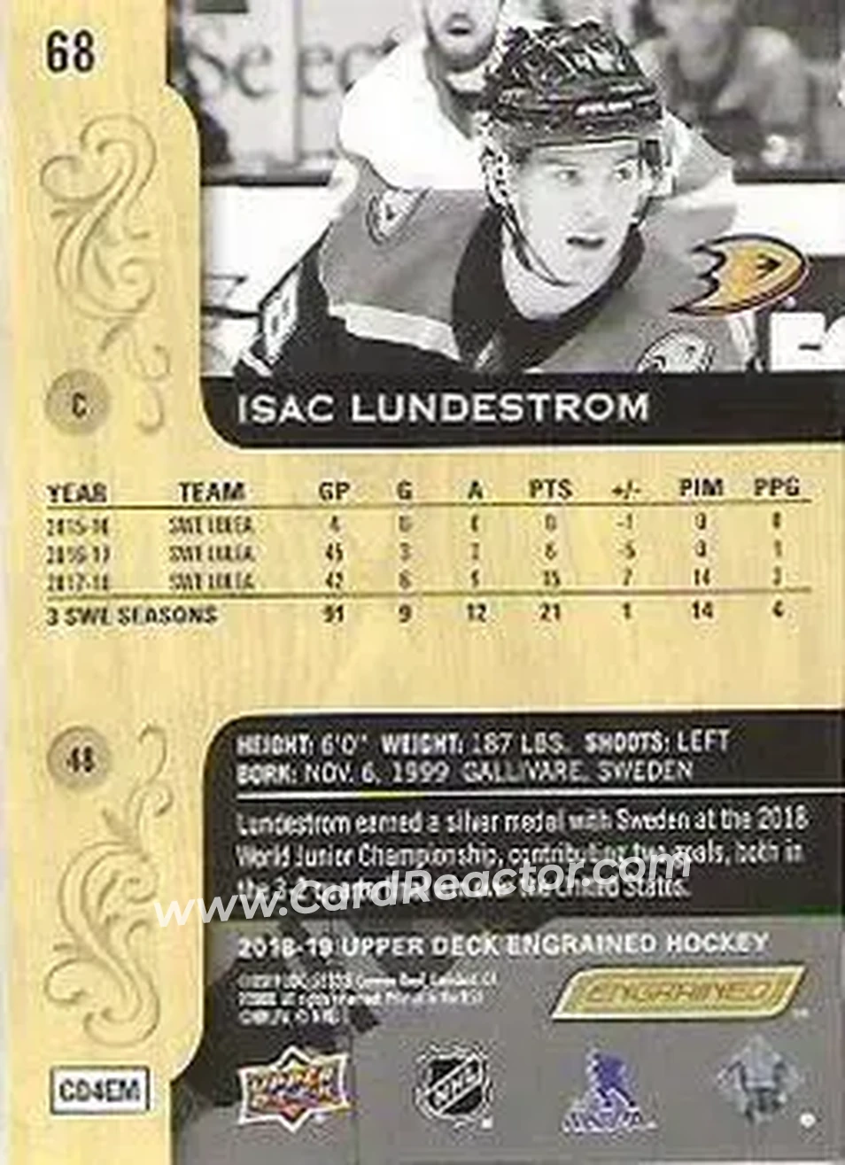 2018-19 Upper Deck Engrained #68 - Isac Lundestrom - Anaheim Ducks - Back