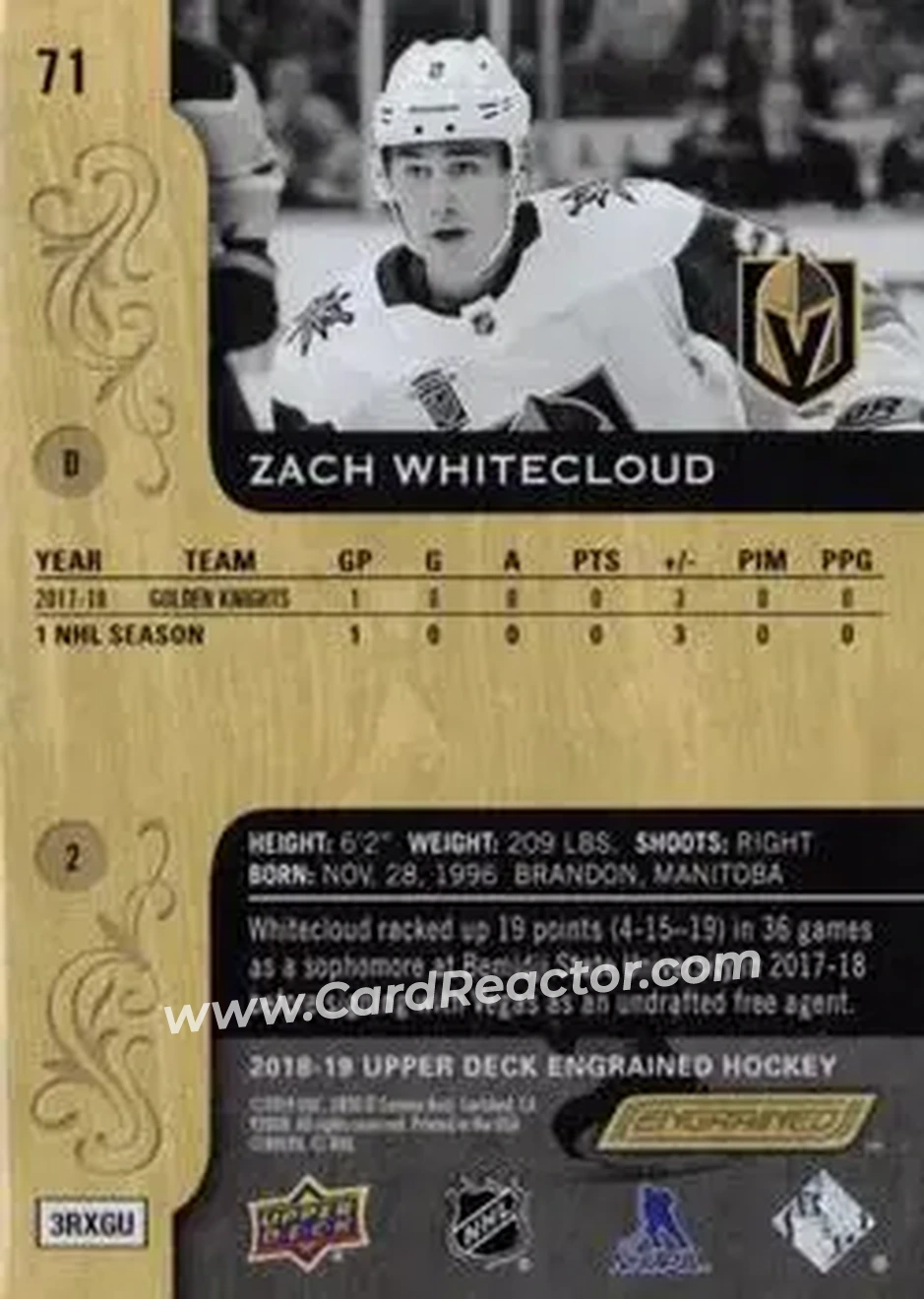 2018-19 Upper Deck Engrained #71 - Zach Whitecloud - Vegas Golden Knights - Back