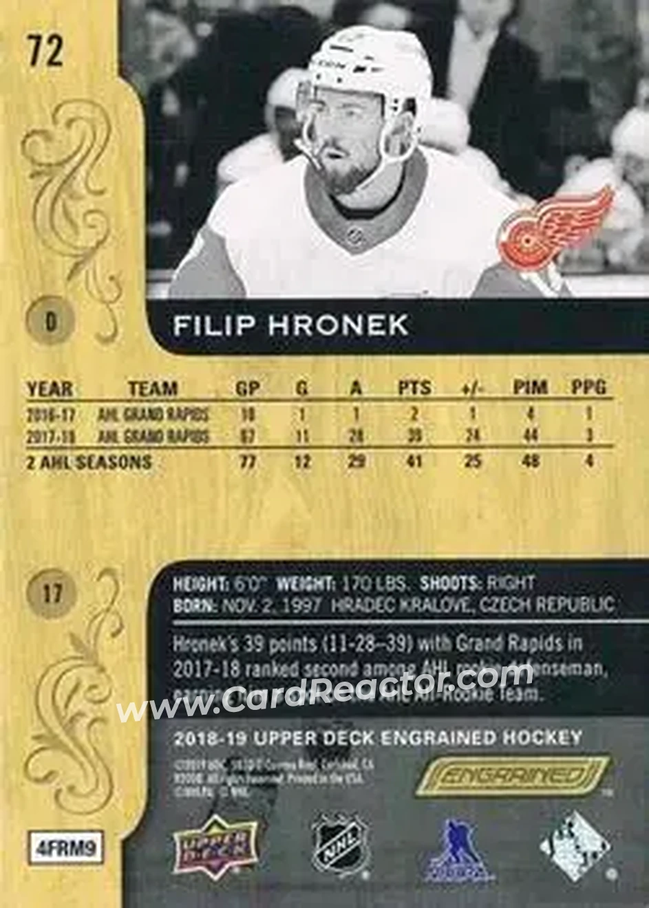 2018-19 Upper Deck Engrained #72 - Filip Hronek - Detroit Red Wings - Back