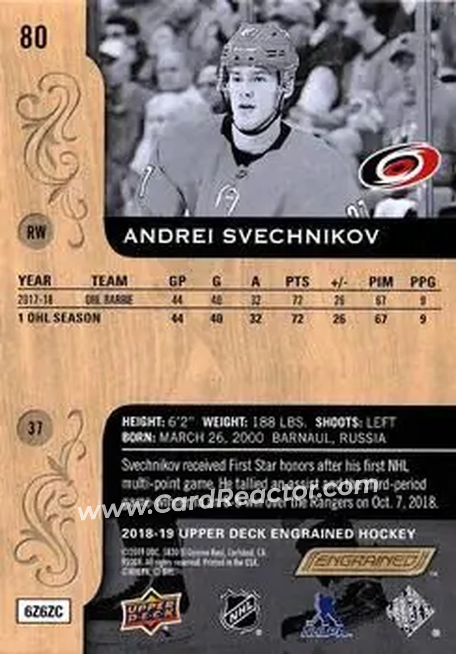 2018-19 Upper Deck Engrained #80 - Andrei Svechnikov - Carolina Hurricanes - Back