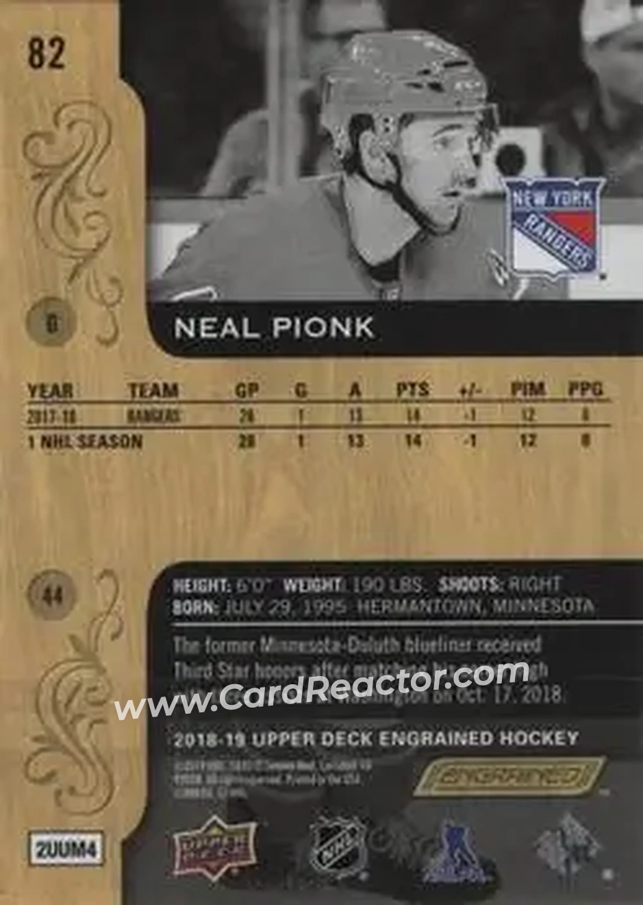 2018-19 Upper Deck Engrained #82 - Neal Pionk - New York Rangers - Back